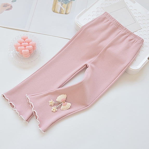 Wuxian Girls Pants Leggings Winter Spring Warm Footless Thick Fuzzy Lined Bottoms Tights Cozy Flared Trousers Solid Color Cute Polka Dot Bows Layered Pantyhose For Toddler,Pink,5-6 Years