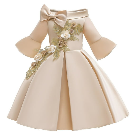 Wuxian Girls Princess Bridesmaid Pageant Gown Dresses Floral Embroidery Solid Color Off-Shoulder Flare Sleeve Big Bow A-Line Birthday Party Wedding Christmas Dress,Beige,6-7 Years