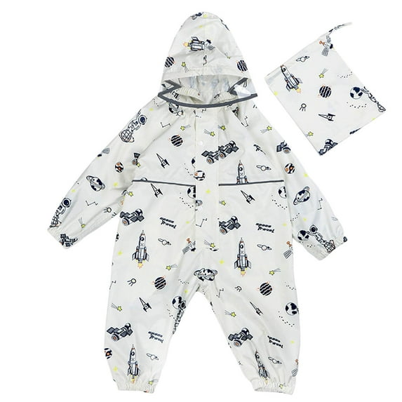 Wuxian Girls Rain Suit One Piece Hoodie Zipper Cartoon Waterproof Coverall Rain Jacket Rain Gear,White,6-7 Years