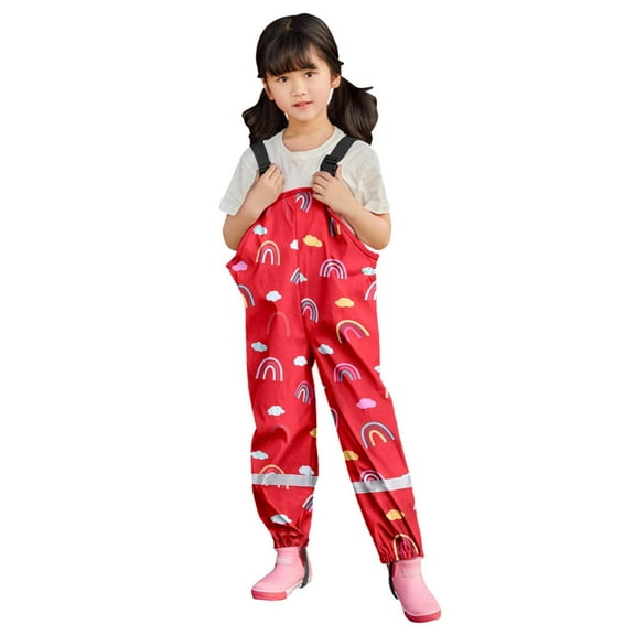 Wuxian Girls Rain Suit Waterproof Rain Bib Pants, Boys Girls Rain Pants Cartoon Rain Trousers Lightweight Rain Jacket,Red,5-6 Years