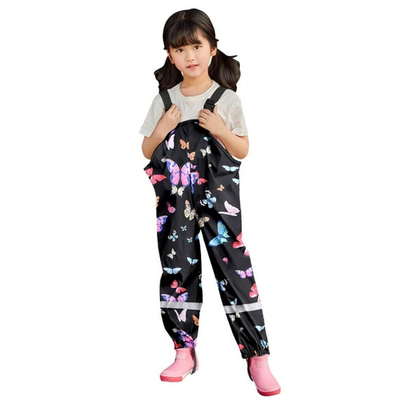Wuxian Girls Rain Suit Waterproof Rain Bib Pants, Boys Girls Rain Pants Cartoon Rain Trousers Lightweight Raincoat,Black,2-3 Years