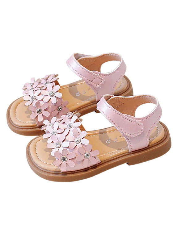 Girls Sandals Open Toe Princess Flat Sandals Comfortable Adjustable Hook And Loop Strap Casual Summer Outdoor Play Shoes Soft Sole Espadrilles,Pink,4.5-5 Years