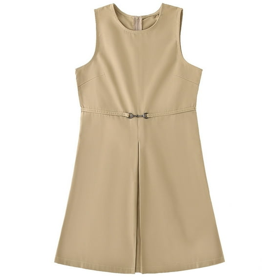 Wuxian Girls School Uniform Jumper Dresses Casual Solid Color Sleeveless Round Neck Pleated Pinafore Dress Back Zip Up High Waist Comfortable Stylish Dailywear Fall Dress,Khaki,14-15 Years