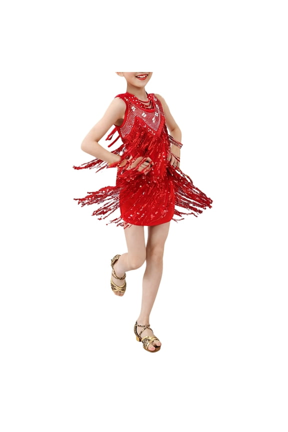 Girls Sequin Fringe Dress Sleeveless Crewneck Sparkly Modern Ballroom Cha Cha Dancewear Jazz Latin Performance Stage Solid Color Mini Dresses,Watermelon Red,3-4 Years