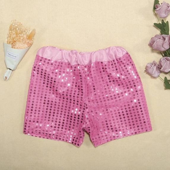 Wuxian Girls Sequin Shorts Elastic Waist Solid Color Sparkly Sparkle Ruffle Scooter Skater Stylish Dancewear Wide Leg Birthday Gymnastics Sparkly Shorts Clubwear,Pink,5-6 Years