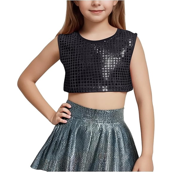 Wuxian Girls Shirt Fashion Show Sequins Crop Top Reound Neck Sleeveless Tank Top Gradient Shiny Stretch Performance Dancewear Fitted Blouse,Black,4-6 Years