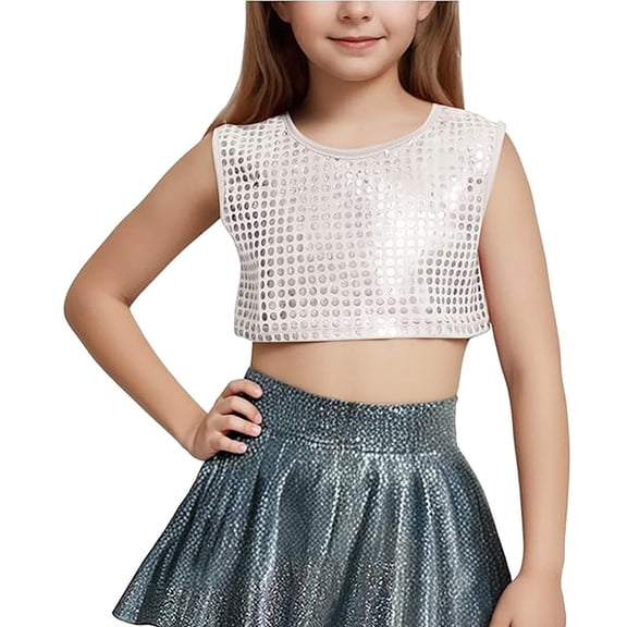 Wuxian Girls Shirt Fashion Show Sequins Crop Top Reound Neck Sleeveless Tank Top Gradient Shiny Stretch Performance Dancewear Fitted Blouse,Silver,11-14 Years