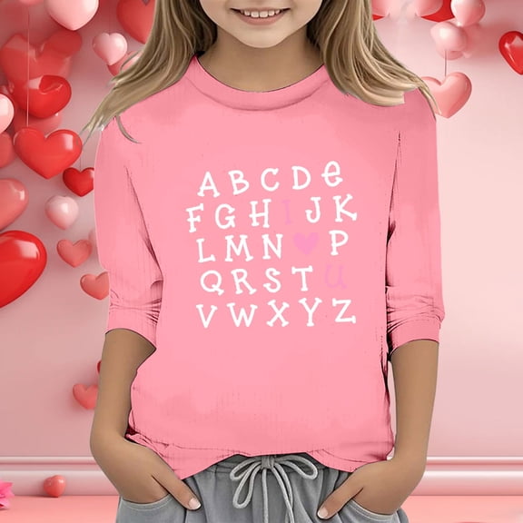 Wuxian Girls Shirt Love Heart Print 3/4 Sleeve Crewneck T-Shirts Soft Comfy Valentines Day Casual Stylish Cute Tops,Pink,5-6 Years