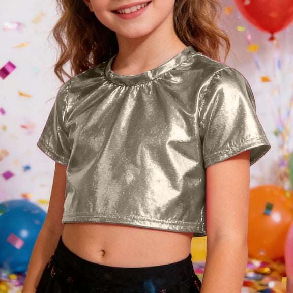 Wuxian Girls Shirt Shine Sequins Shirts Crop Top Short Sleeve Round Neck Carnival Performance Glitter Sequin Stretch Tee Dancewear Cute Tops,Silver,15-16 Years
