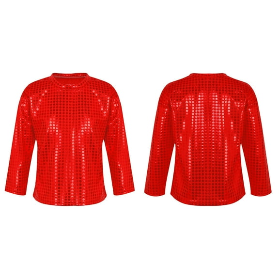Wuxian Girls Shirt Stylish Sequin Top Shirts Glitter Solid Color Long Sleeve Round Neck Party Carnival Gown T-Shirt Cute Trendy Tops ,Red,12-14 Years