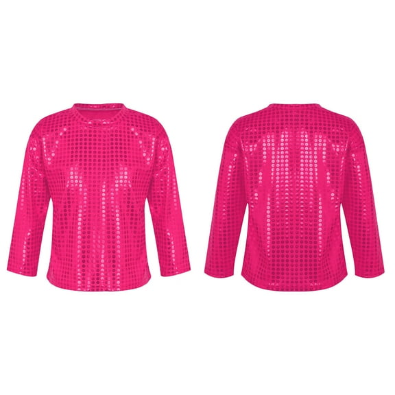 Wuxian Girls Shirt Stylish Sequin Top Shirts Glitter Solid Color Long Sleeve Round Neck Party Carnival Gown T-Shirt Graphic Cotton Tee Top,Hot Pink,6-7 Years