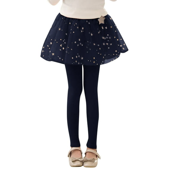 Wuxian Girls Short Skirts High Waist Star Sequins School Uniform Lace Tutu Skorts With Warm Stretchy Athletic Footless Leggings Fashionable Cozy Pantskirt Fall Dress,Blue,7-8 Years
