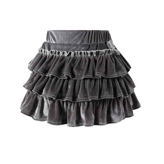 Wuxian Girls Short Skirts Wool Ruffled Pleated Layered Solid Color Skirt High Waist Fashionable Comfortable Fall Winter Casual Mini Skorts Fall Dresses,Grey,6-7 Years