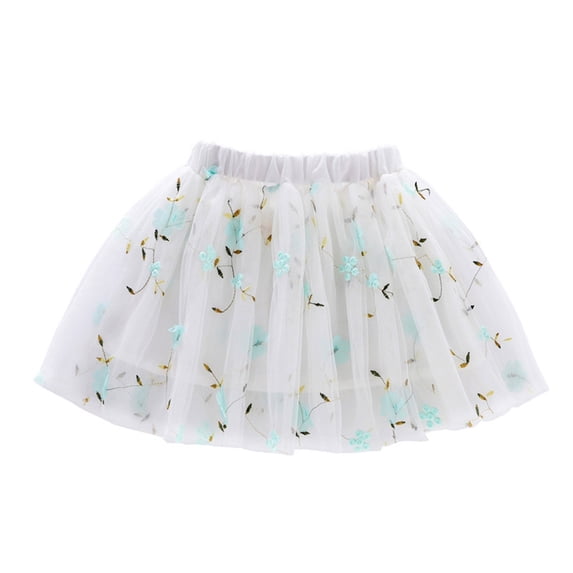 Wuxian Girls Stylish Tutu Skirt Carnival Elegant Flower Embroidery Elastic Waist Tiered Rainbow Mesh Layering A-Line Fashionable Ballet Skirts Pleated Skater Skirts,Light Blue,3-4 Years