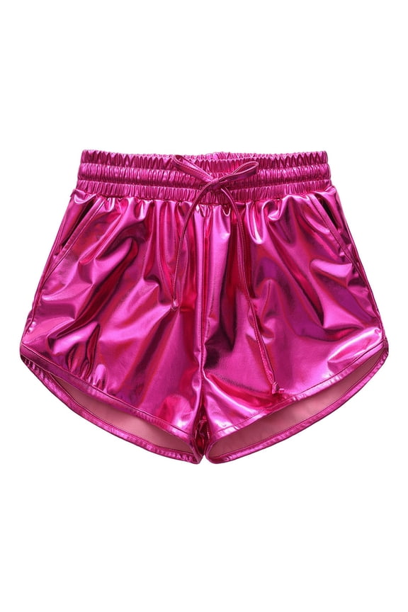 Girls Summer Sequin Shorts Sparkly Shiny Solid Color Drawstring Elastic Waist Dancewear Wide Leg Short Trousers Athletic Gymnastics Performance Party Dailywear,Hot Pink,6-7 Years