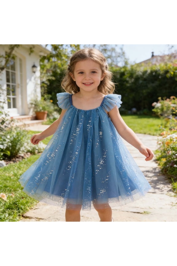 Girls Summer Sequins Dress Solid Color A-Line Layered Round Neck Pleated Flutter Sleeves Performance Stage Clothes Breathable Elegant Birthday Party Wedding Mesh Tutu Dresses,Blue,3-4 Years