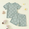 thumbnail image 1 of Wuxian Girls Summer Shirt Outfits Ribbed Breathable Round Neck Short Sleeved Cute Bows Ruffles Trim Top With Elastic Waist Shorts Comfortable Fashionable Cozy Dailywear,Green,12-18 Months, 1 of 9