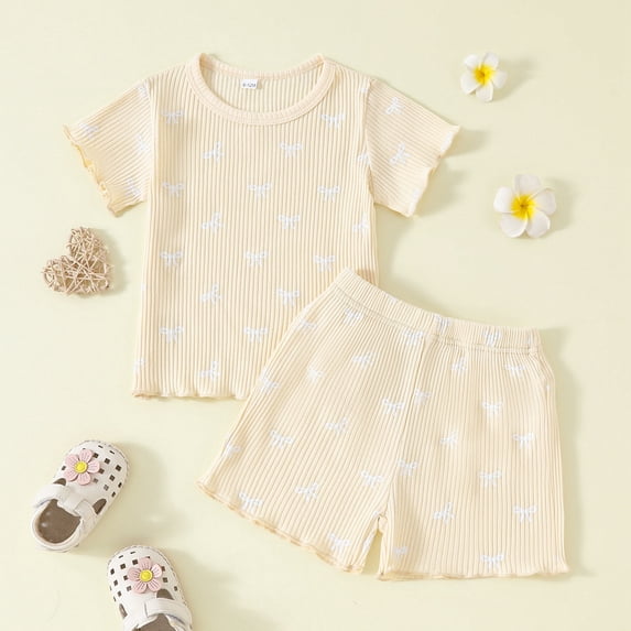 Wuxian Girls Summer Shirt Outfits Ribbed Breathable Round Neck Short Sleeved Cute Bows Ruffles Trim Top With Elastic Waist Shorts Comfortable Fashionable Cozy Dailywear,Green,18-24 Months