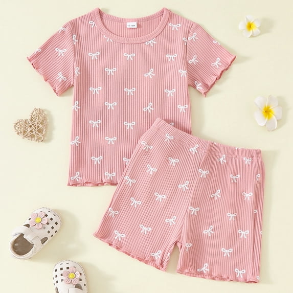 Wuxian Girls Summer Shirt Outfits Ribbed Breathable Round Neck Short Sleeved Cute Bows Ruffles Trim Top With Elastic Waist Shorts Comfortable Fashionable Cozy Dailywear,Red,18-24 Months