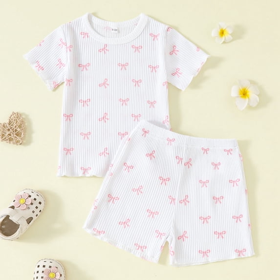 Wuxian Girls Summer Shirt Outfits Ribbed Breathable Round Neck Short Sleeved Cute Bows Ruffles Trim Top With Elastic Waist Shorts Comfortable Fashionable Cozy Dailywear,Black,2-3 Years