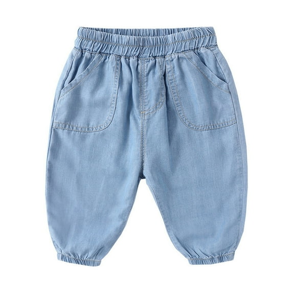Wuxian Girls Sweatpants Spring Summer Thin Jeans Joggers Wide Leg Trousers Tie Elastic Breathable Ankle-Tied Pants Casual Soft Dailywear,Light Blue,18-24 Months