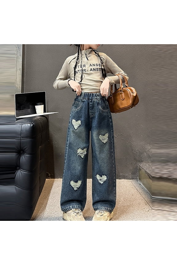 Girls Sweatpants Stylish Ripped Distressed Jeans Cute Wide Leg Pants Elastic Waist Casual Demin Trousers With Pockets Cozy Loose Joggers Trousers,Navy,8-10 Years