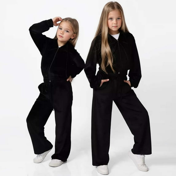 Wuxian Girls Sweatshirt Set Fuzzy Tracksuit Cozy Fall Winter Outfit Long Sleev Zip Up Hooded Jacket And Jogger Pants Casual Two Piece Athletic Stylish Dailywear Streetwear,Black,9-10 Years