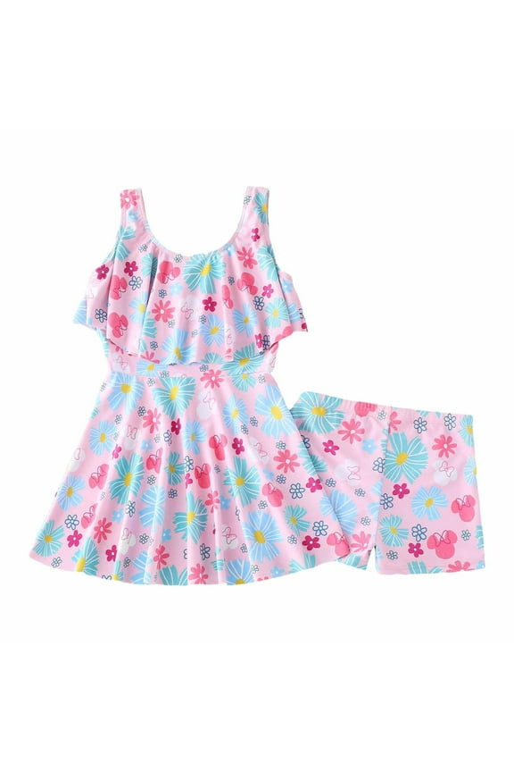 Children Girls Swim Dress One-Piece Swimsuit Ruffles Sleeveless Round Neck Floral Print High Waist A-Line Dresses Upf 50+ Beach Pool Vacation Clothes Sets Swim Clothes Set,5-6 Years