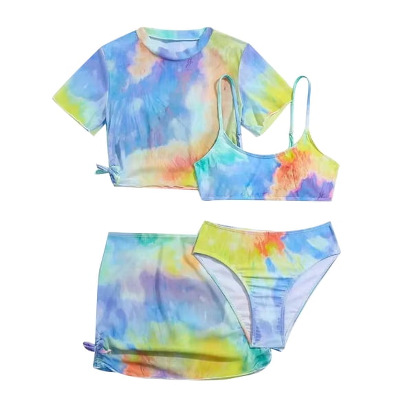 Wuxian Girls Swimsuit 4 Piece Swimsuits Tie Dye Prints Bikini Spaghetti Strap Tops Briefs Short Sleeve Cover Up Shirt Skirt Outfits Set Popular Swimsuit,Blue,12-14 Years