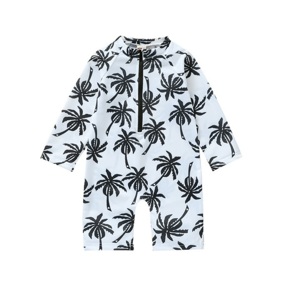 Wuxian Girls Swimsuit Leaves Tree Print Long Sleeve Zip Up Surfing One Piece Jumpsuit Swimsuit Fashion Sun Protection Bathing Suit,White,2-3 Years