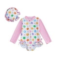thumbnail image 1 of Wuxian Girls Swimsuit Rash Guard Swim Long Sleeve Cartoon Print Striped Ruffled Patchwork Zipper Up Round Neck Bodysuit With Cute Hat Sun Protection Bathing Suit,Pink1,2-3 Years, 1 of 4