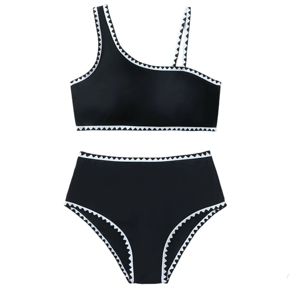 Wuxian Girls Swimsuit Two Pieces Bikini Set Ruffles One Shoulder Adjustable Strap Tops And High Waist Floral Print Bottoms Bathing Suits Youth Teens Summer Beach Swimwear ,Black,15-16 Years