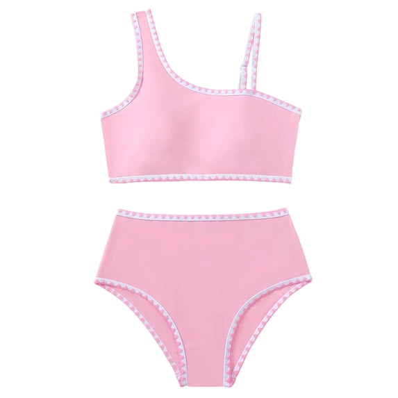 Wuxian Girls Swimsuit Two Pieces Bikini Set Ruffles One Shoulder Adjustable Strap Tops And High Waist Floral Print Bottoms S Youth Teens Summer Beach Swimwear Sets,11-12 Years