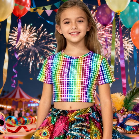 Wuxian Girls T Shirts Shine Sequins Shirts Crop Top Short Sleeve Round Neck Carnival Performance Glitter Sequin Stretch Tee Dancewear Fitted Blouse,Multicolour,5-6 Years