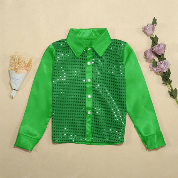 Wuxian Girls T Shirts Sparkly Sequins Shirts Long Sleeve Button Down Polo Collar Blouse Jazz Dance Performance Dancewear Athletic Baggy Tops,Green,5-6 Years