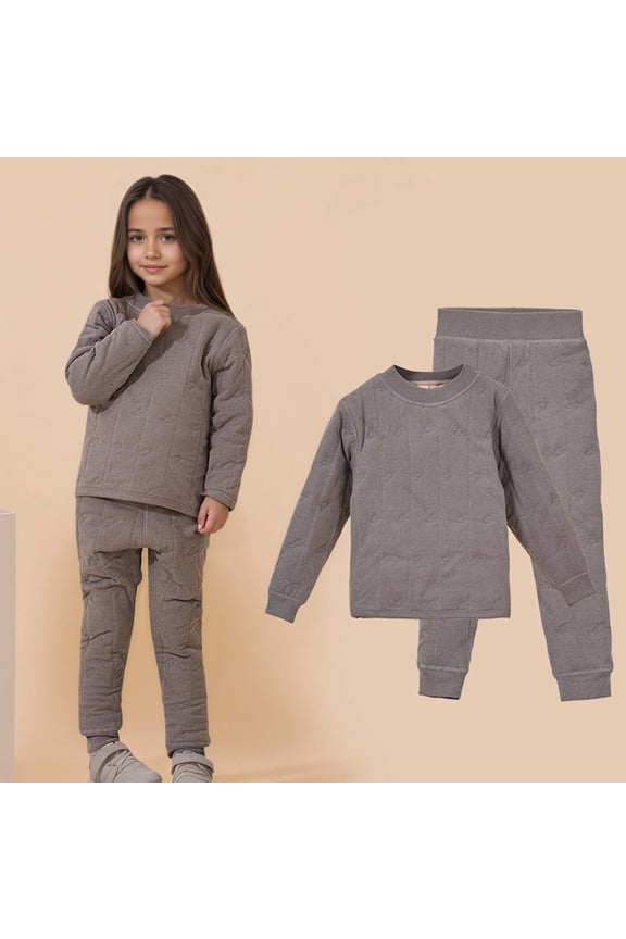 Girls Thermal Underwear Winter Outfits Wool Thick Lined Warm Long Sleeve Round Neck Pullover Top And Pants Comfy Loungewear Outwear Outfit,Grey,5-6 Years