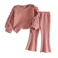 thumbnail image 1 of Wuxian Girls Toddler Kids Sweater Outfits Cute Casual Crewneck Ruffle Long Sleeve Solid Pullover Top With Flared Pants 2 Piece Set Knitted Set Soft Fall Winter Warm Clothes Set,Brick Red,9-12 Months, 1 of 9