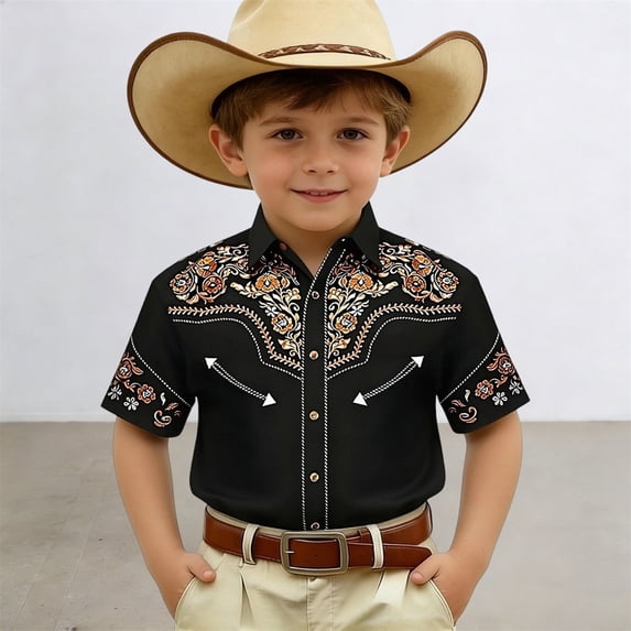 Wuxian Girls Toddler Western Cowboy Print Shirt Button Down Floral Embroidery Short Sleeve Casual Top Elegant Fashionable Casual Cozy Cute Basic Tees,Black3,6-7 Years