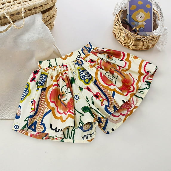 Wuxian Girls Toddlers Summer Flowy Shorts Elastic Waist Baggy Wide Leg Ruffles Flower Print Outdoor Play Clothes Knee Above Casual Trunks Fashionable Short Pants Stylish Dailywear,Beige,3-4 Years