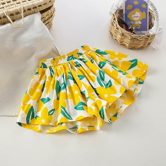 Wuxian Girls Toddlers Summer Flowy Shorts Elastic Waist Baggy Wide Leg Ruffles Flower Print Outdoor Play Clothes Knee Above Casual Trunks Short Pants Streetwear Clothes,Yellow,18-24 Months