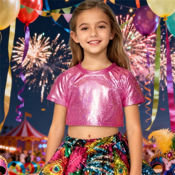 Wuxian Girls Tops Shine Sequins Shirts Crop Top Short Sleeve Round Neck Carnival Performance Glitter Sequin Stretch Tee Dancewear Cute Tops,Hot Pink,11-12 Years
