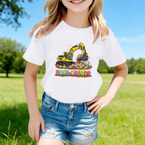 Wuxian Girls Tops Shirts Short Sleeve Easter Bunny Letter Print Fashionable Casual Round Neck T Shirt Loose Fit Cozy Funny Graphic Tees Summer Relaxed Breathable Cozy Dailywear,White,3-4 Years