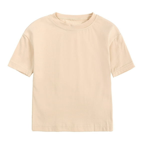 Wuxian Girls Tops Short Sleeve Crewneck Tee Solid Color Clothes For Children Comfort Soft Summer Tops,Beige,2-3 Years