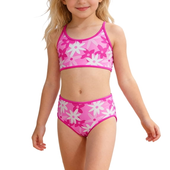 Wuxian Girls Two Piece Swimsuits Floral Print Round Neck Ribbed Adjustable Strap High Waist Bikini Set Summer Beach Pool Comfortable Playwear Beachwear Breathable Bathing Suits,Pink,7-8 Years