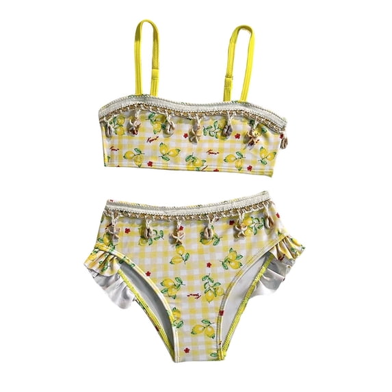 Wuxian Girls Two Piece Swimwear Floral Print Adjustable Spaghetti Strap Cute Ruffled Tassels Beachwear High Waist Bikini Set Comfortable Beach Pool Swim Suit Spring Summer Swimsuit,Yellow,4-5 Years