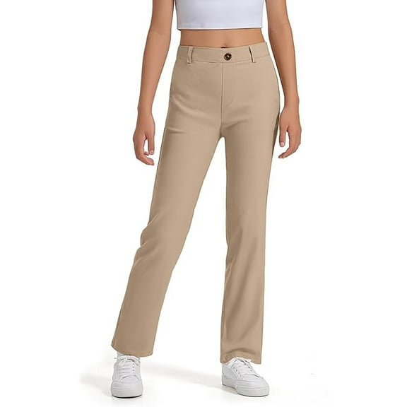 Wuxian Girls Uniform Pants Kids Dress Pants Wide Leg High Stretchy With Pockets Pull-On Slim Fit Ponte-Knit Trousers Solid Color Daily Wear,Khaki,5-6 Years