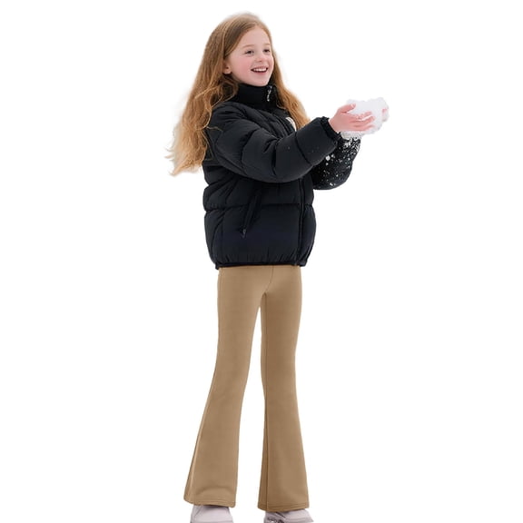 Wuxian Girls Uniform Pants Kids Dress Pants Wide Leg High Stretchy With Pockets Pull-On Slim Fit Ponte-Knit Trousers Solid Color Daily Wear,Khaki,9-10 Years