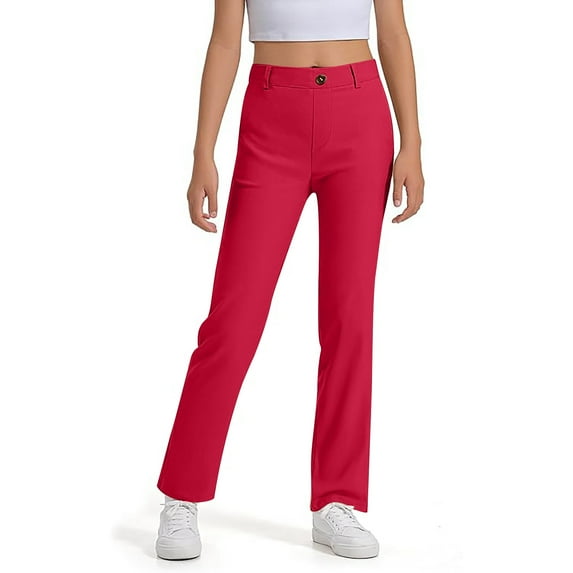 Wuxian Girls Uniform Pants Kids Dress Pants Wide Leg High Stretchy With Pockets Pull-On Slim Fit Ponte-Knit Trousers Solid Color Daily Wear,Red,9-10 Years