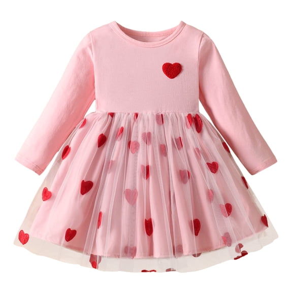 Wuxian Girls Valentine'S Day Long Sleeve Dresses Round Neck Heart Print Floral Pleated Ruffled Tutu Dress Tiered Layering Comfortable Casual Tulle Dress Special Occasions,Red,3-4 Years