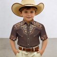 thumbnail image 1 of Wuxian Girls Western Cowboy Print Shirt Button Down Floral Embroidery Short Sleeve Casual Top Elegant Fashionable Casual Cozy Cute Basic Tees,Brown,8-9 Years, 1 of 4